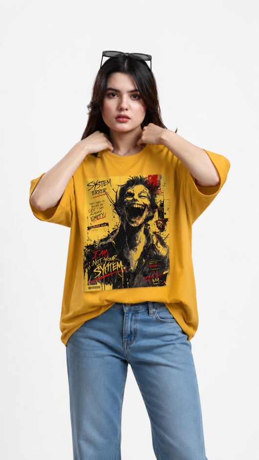 Model wearing HUGFAB yellow graphic oversized T-shirt with blue jeans on white background