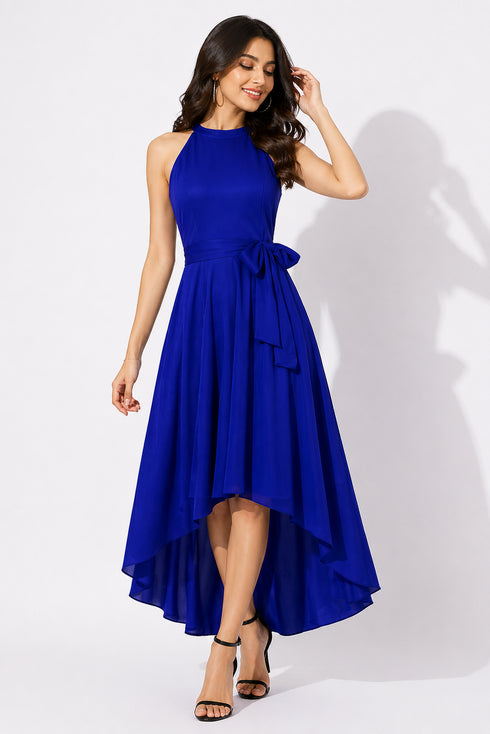 Generic Women's Polyster Solid Halter Neck Sleeveless Dress (Royal Blue)